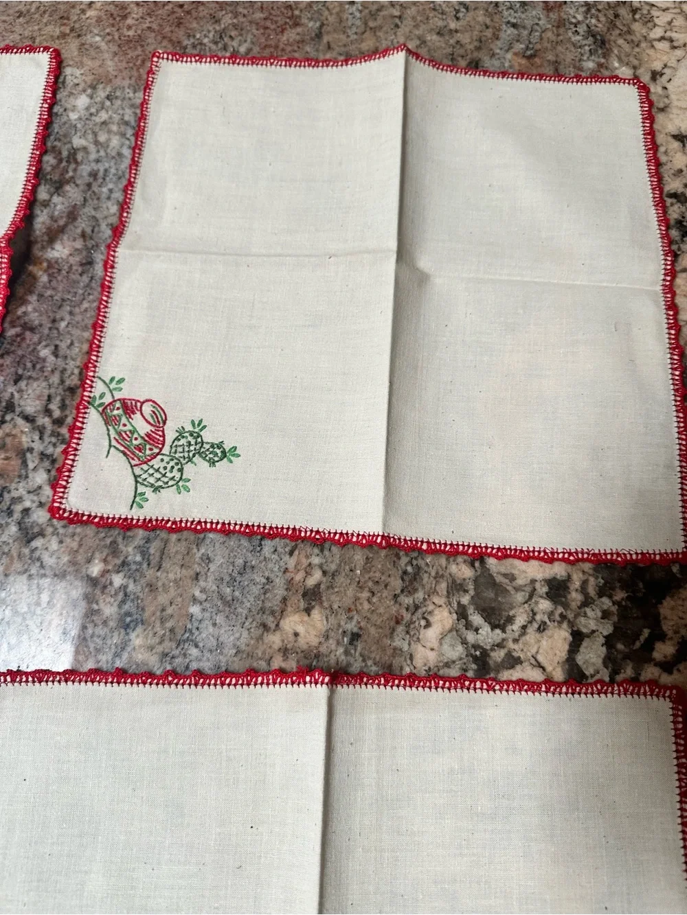 Embroidered Cactus Napkin Set with Red Crochet Edge